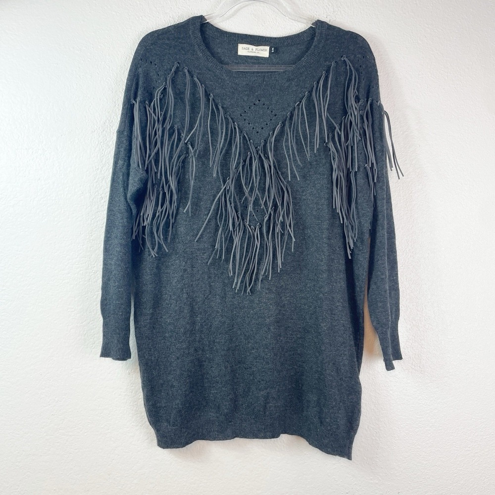 Sage & Flower Fringe Sweater Small Western Boho Southwestern Festival Knit Tunic